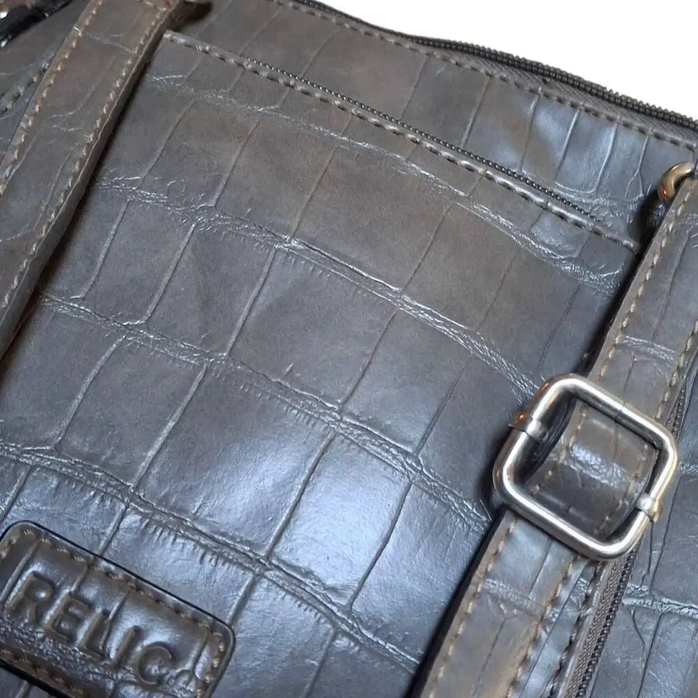 Chic Gray Croc-Embossed Relic Crossbody Bag – Adjustable Strap, Multiple Pockets